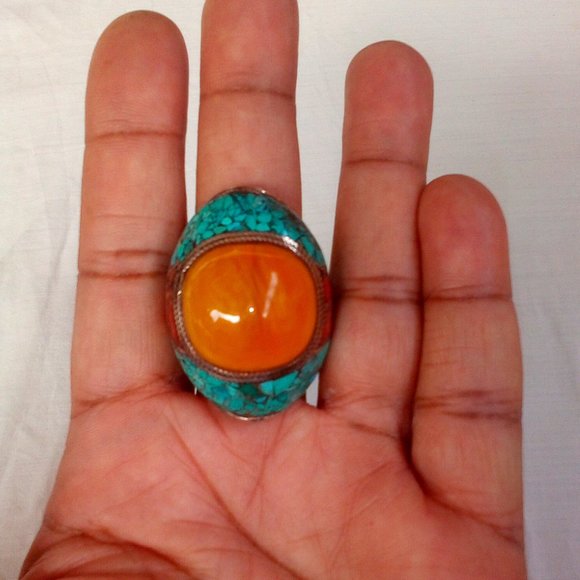 Sterling Silver Amber, Turquoise and Red Coral Tibet Ring:Size (10)